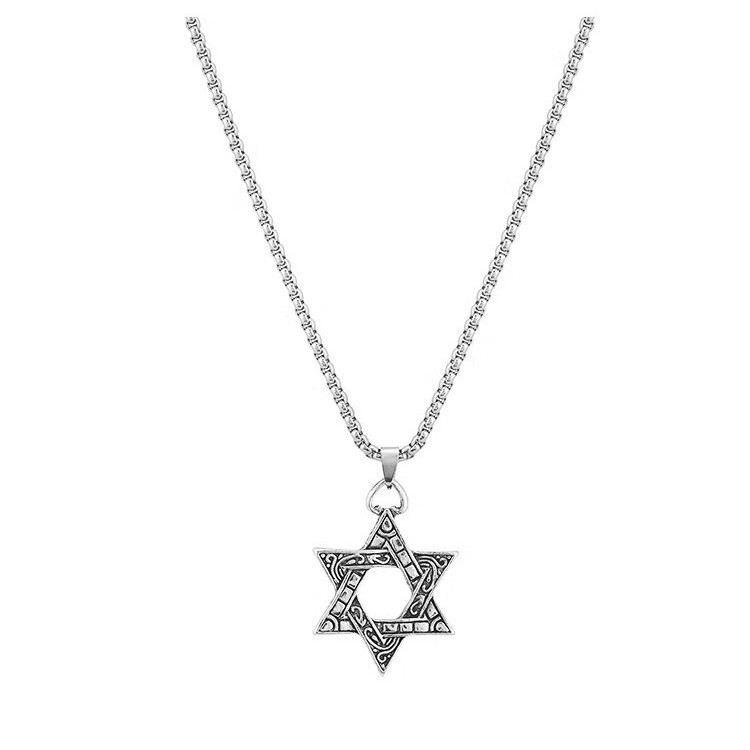 Six-pointed Star Necklace Men's Trendy Pendant Hip-hop Vintage Titanium Steel Accessories Distinctive T-shirt Pendant Long Internet Celebrity Woolen Chain
