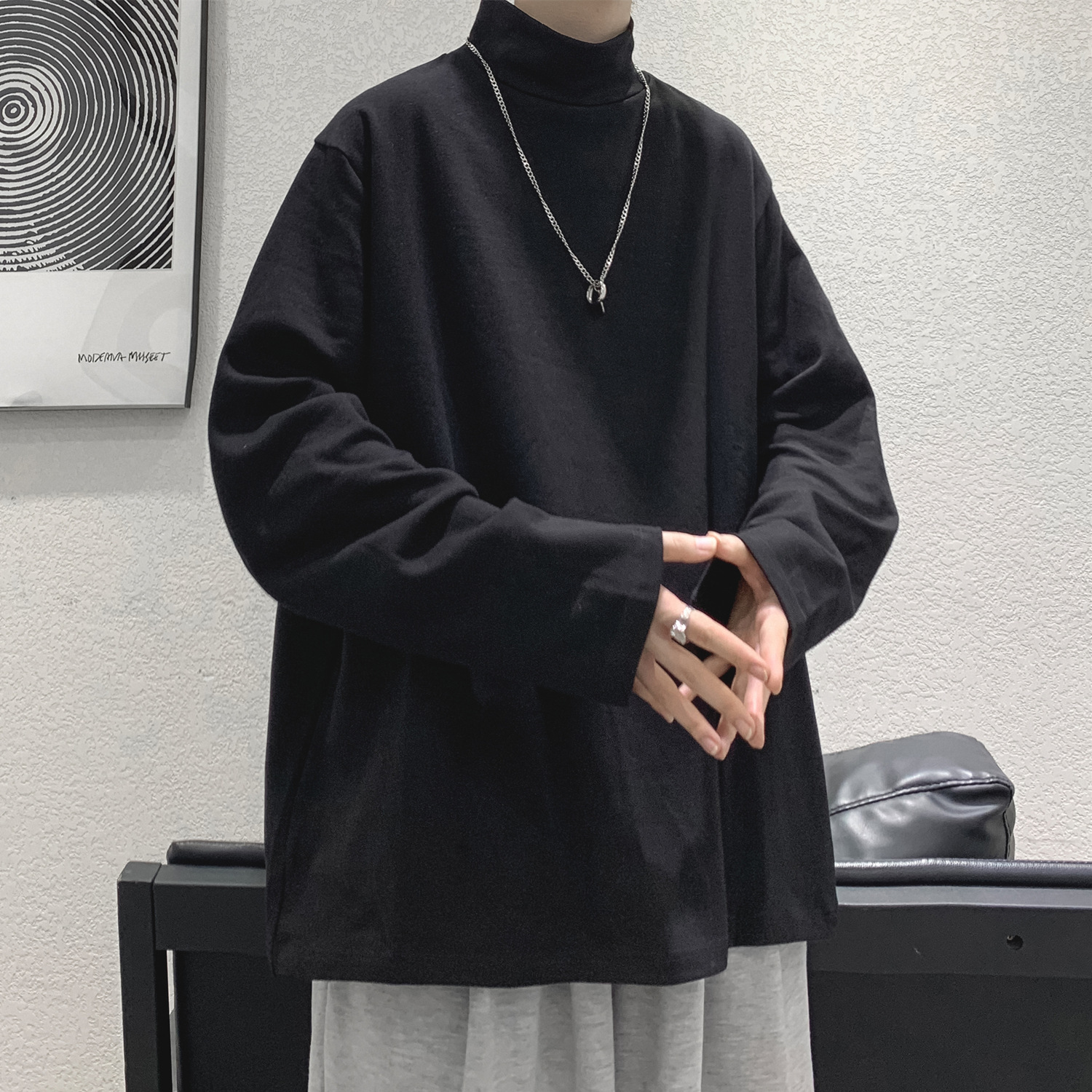 하이 넥 스웨터 남성용 가을과 겨울 루즈한 모든 매치 긴팔 티셔츠 홍콩 스타일 베이스 셔츠 겨울 유행 인테리어 의류