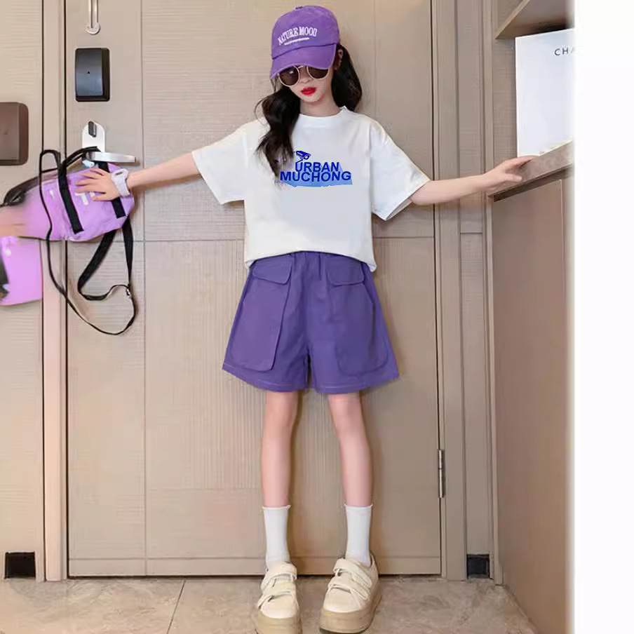 Traje deportivo para niños de niñas de verano estilo occidental de moda para niñas manga corta Internet celebridad pantalones cortos de moda para niños traje de dos piezas