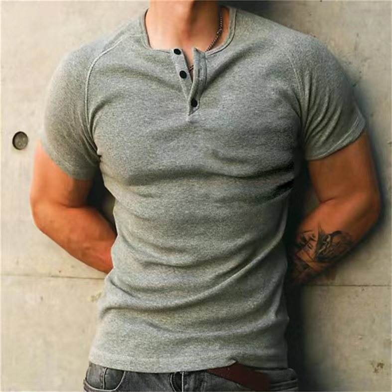 Men's T-shirt Solid Colour Casual Short Sleeve Henley Shirt_voghion.com