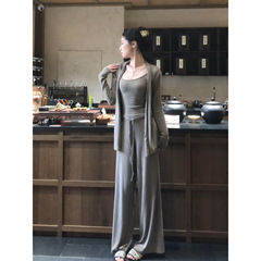 纯欲百搭灰色针织背心开衫休闲裤睡衣女2025新款慵懒可外穿三件套