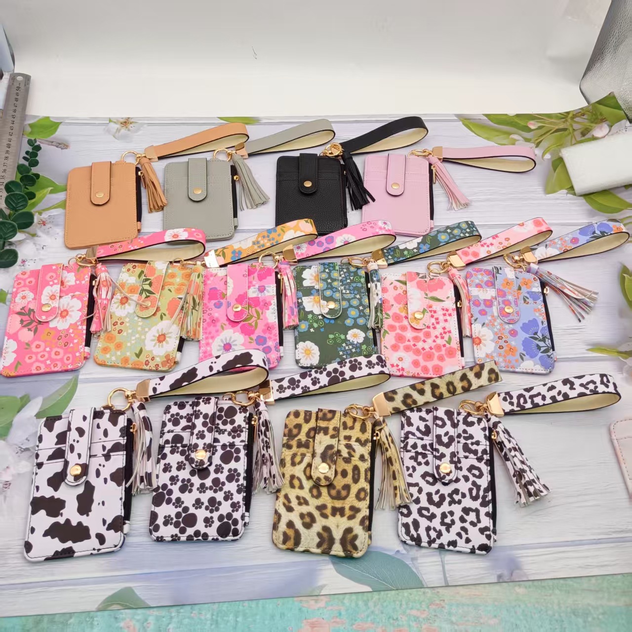 Cross-Border Fashion Pu Leather Hand-Held Foldable Card Holder European and American Floral Leather Zipper Coin Purse Printed Leather Keychain