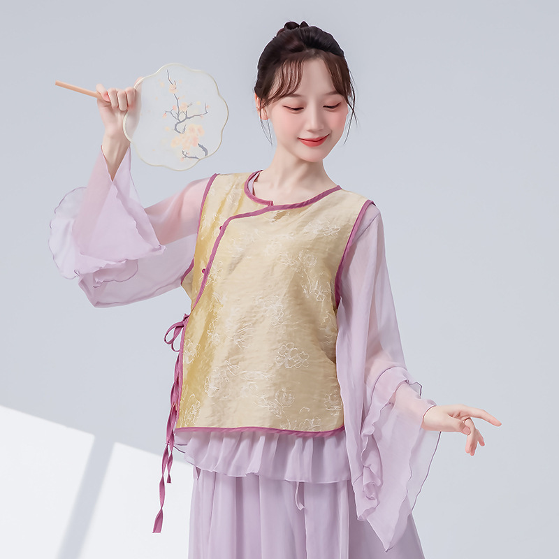 新中式古典舞练功服女新款撞色钉扣身韵马甲上衣民族风舞蹈演出服|undefined