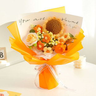 Cross-Border Valentine's Day Gift Knitted Yarn Flowers Woven Roses Sunflowers Simulated Baby's Breath Finished Bouquet