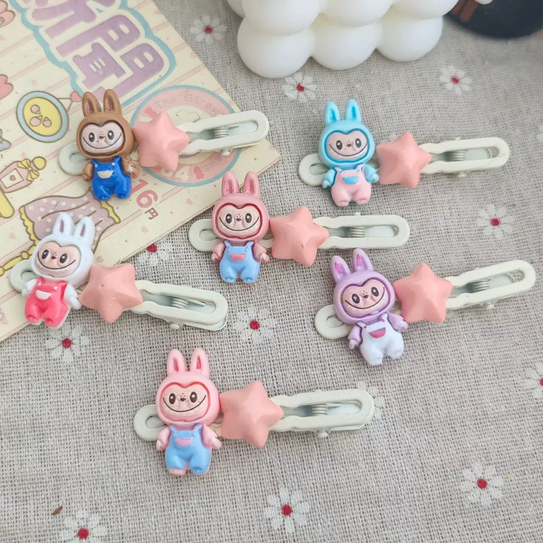 可爱粉色全身拉布布星星发夹日系甜美少女风侧边刘海发卡饰品发饰