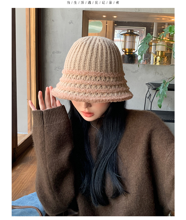 Autunno e inverno nuovo cappello coreano a righe lavorato a maglia con viso piccolo a secchiello per esterni in lana lavorata a maglia calda e alla moda_voghion.com