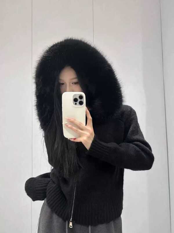 25秋季新款连帽短款时尚洋气针织开衫小个子仿狐狸毛领外套女毛衣|undefined