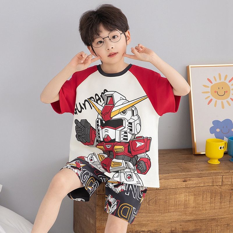 Summer Short-Sleeved Boys' Pajamas Pure Cotton Thin Section Medium and Large Children Handsome Little Boy Student Teenager Home Clothes Set