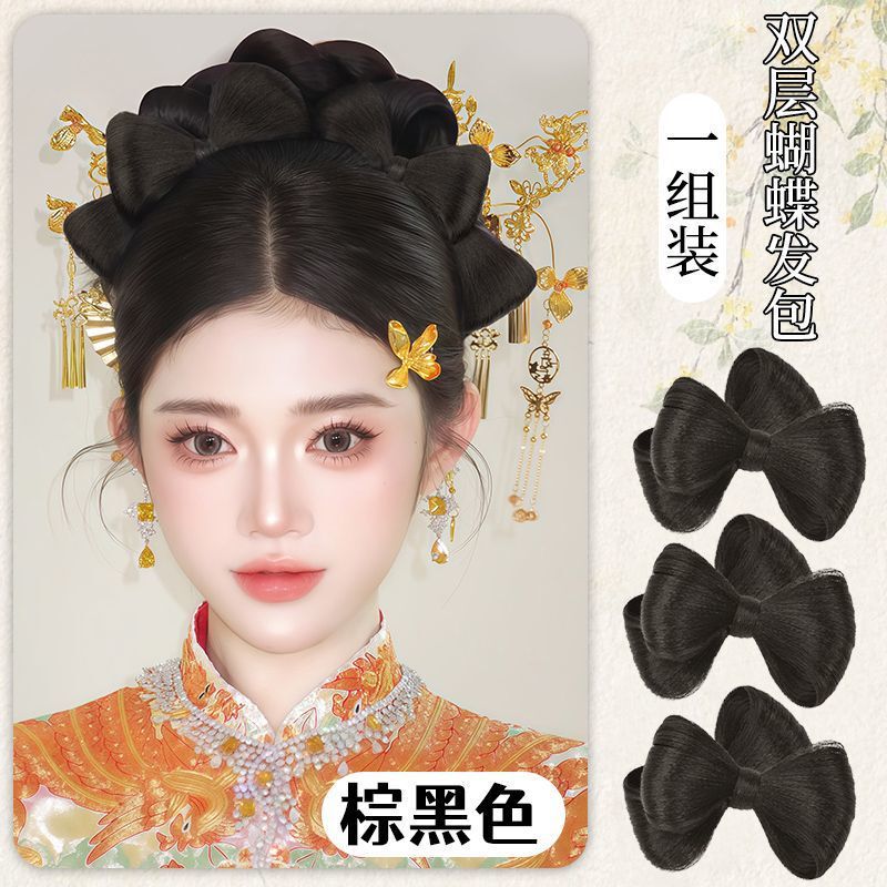 New Chinese Style Wig Female Xiuhe Bride Double Bow Hair Headdress Makeup Artist Fake Bun Hair Bag Wholesale