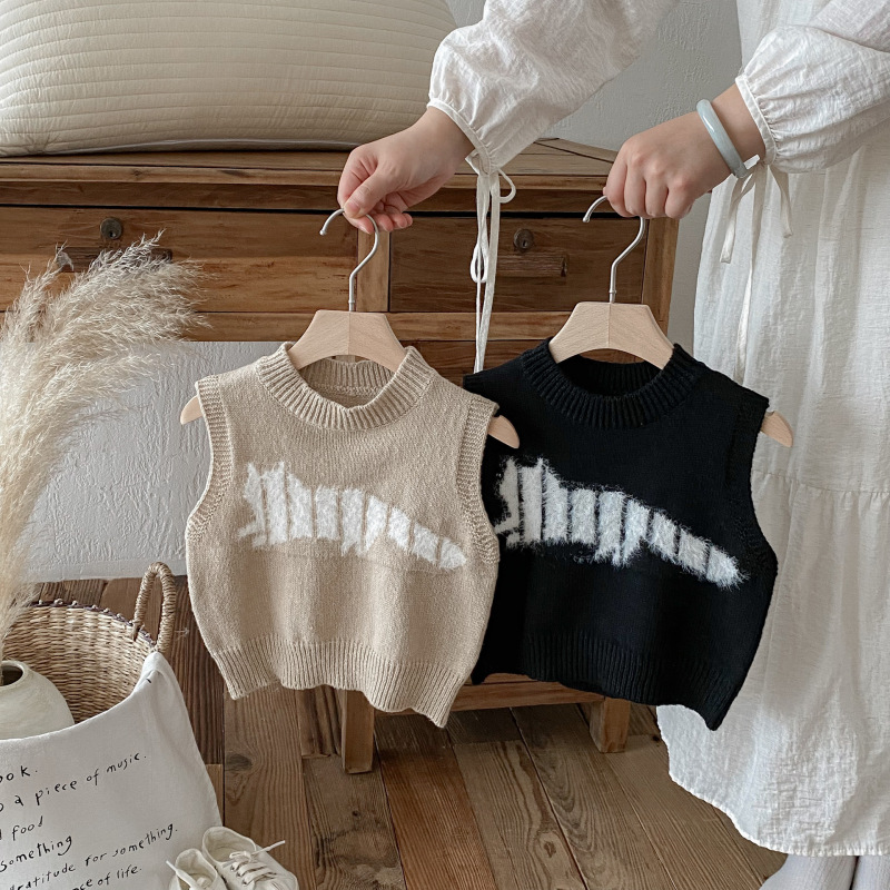子供服秋の新作子供用ニットベスト男の子と女の子用ジャカードカラーマッチング多用途レイヤード春と秋のセーターベスト|undefined
