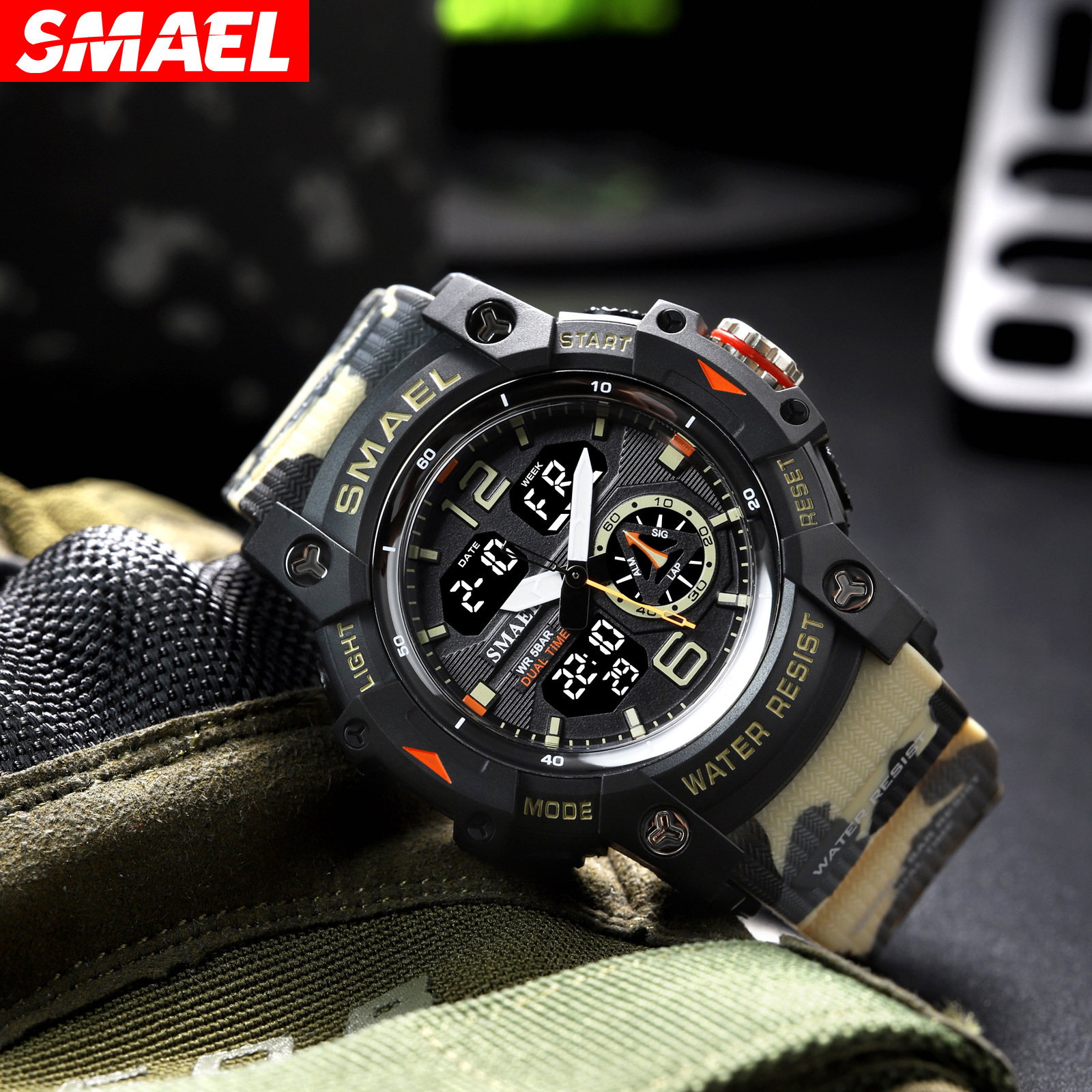 Smael Smar 8007 camuflaje serie reloj electrónico hombres deportes al aire libre impermeable multifuncional reloj electrónico