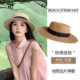 2025 French Style Flat Top Straw Hat Women's Big Head Wai Flat Brim Seaside Beach Vacation Top Hat plus size Woven Top Hat