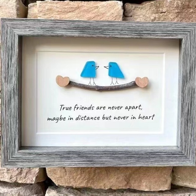 跨境新款创意挂墙相框海玻璃彩虹鸟客厅家居装饰木质工艺品摆挂件