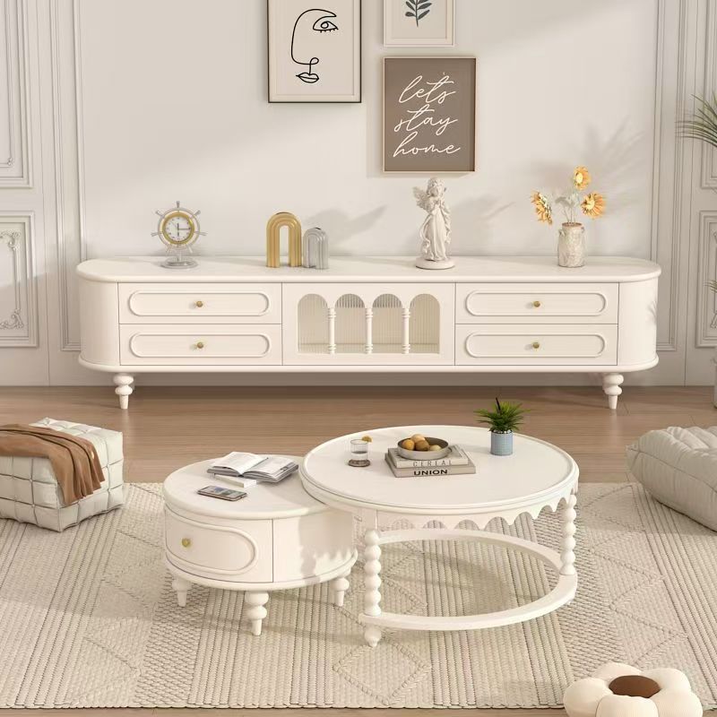 French Cream Style Solid Wood Painted Tv Cabinet Coffee Table Combination Modern Simple Small Apartment Painted Black Floor Cabinet