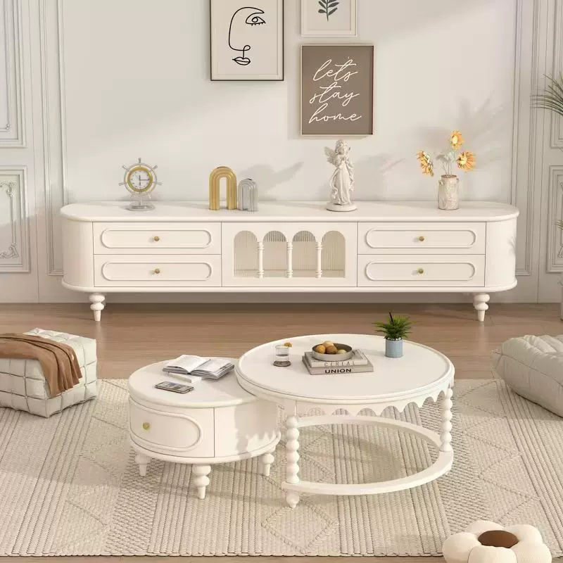 法式奶油风实木烤漆电视柜茶几组合现代简约小户型烤漆黑落地柜