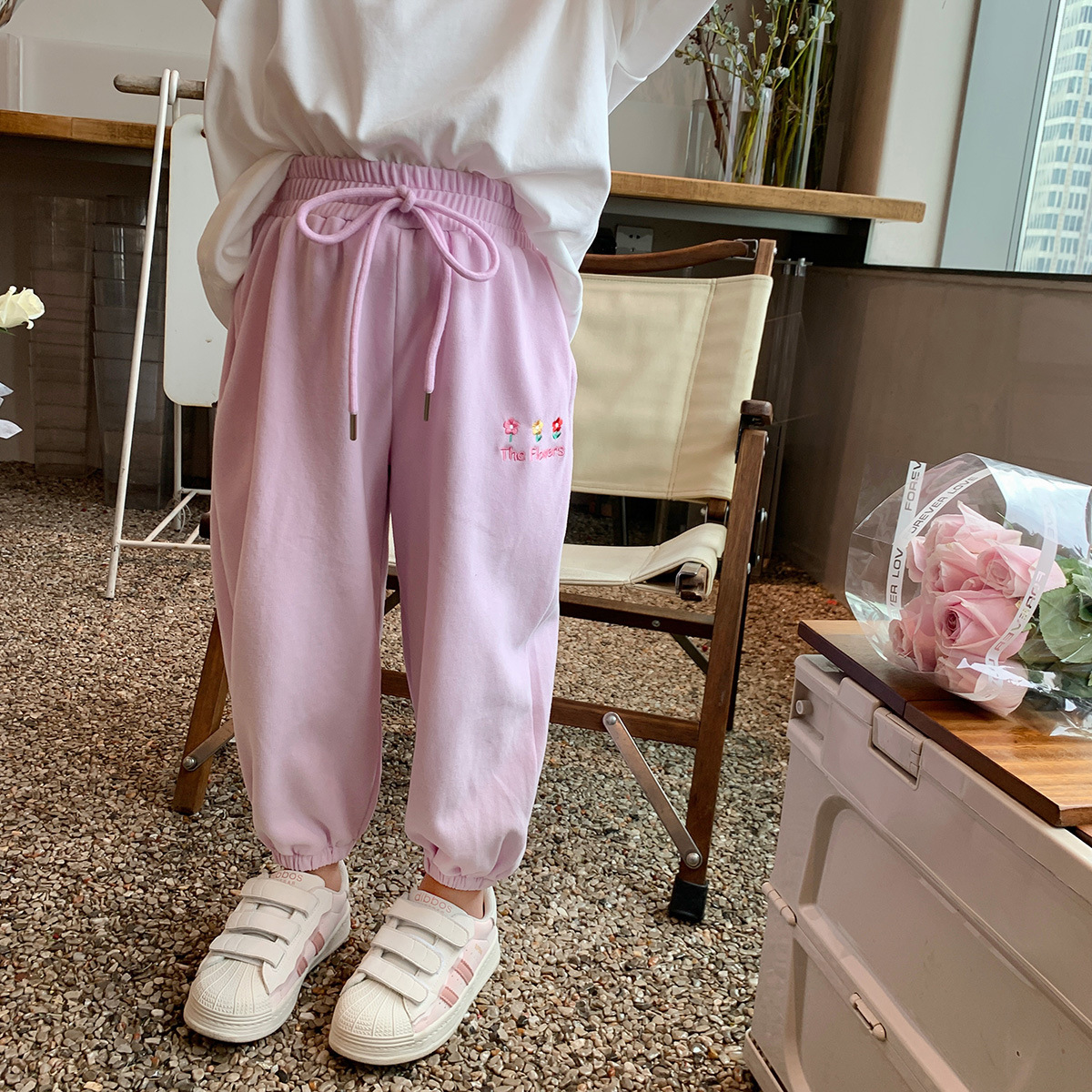 모모 홈 2023 봄 새로운 귀여운 꽃 어린이 캐주얼 바지 한국면 어린이 바지 스포츠 바지