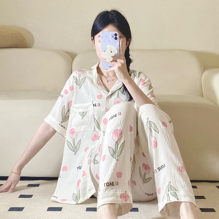 Verano nuevo pijama de amor mujer adorable oso simple ocio delgado nubes algodón ropa doméstica dos piezas conjunto al por mayor