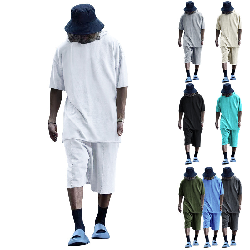 2024 Men's Short Sleeve Shorts Oversize Fur Loose Sports Casual Hooded Set_mkmklike.com