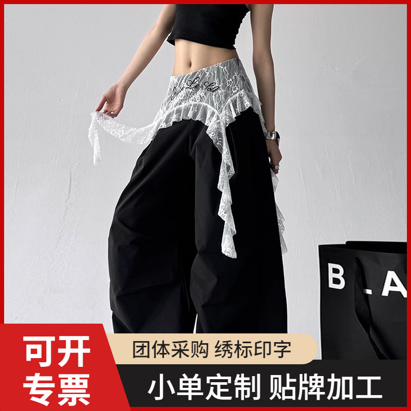 跨境支持定制辣妹蕾丝拼接屁帘工装裤女春夏季薄款宽松跳舞一体裤