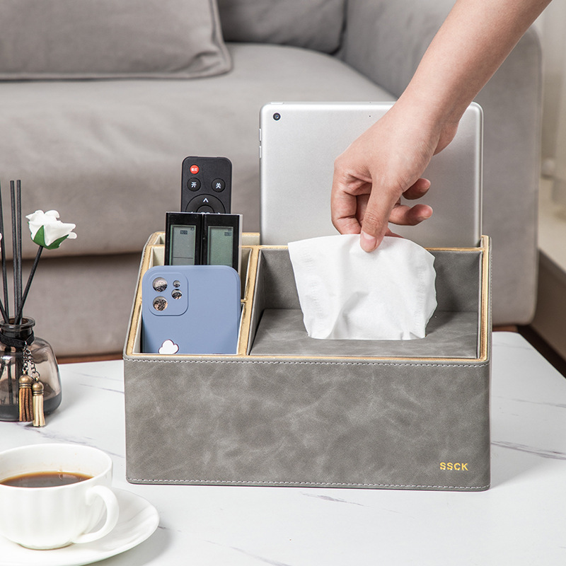 Caja de tejido de cuero del hogar Luz de lujo sala de estar Hotel comercial multi-función caja de tejido impresión caja de almacenamiento de control remoto