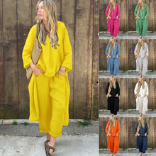 2025春季跨境亚马逊女装2件套大码棉麻衬衫套装高腰宽松长裤通勤