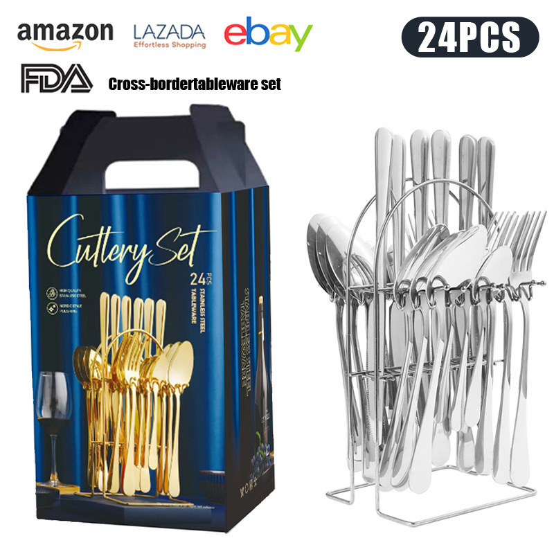 Venta caliente transfronteriza cuchillo de acero inoxidable, tenedor y cuchara traje de vajilla Caja de regalo de 24 piezas 1010 comida occidental cuchillo y tenedor de cuchara chapados en oro