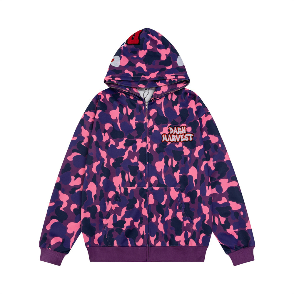 Sweat-shirt à capuche zippé style requin pour homme, style streetwear, camouflage, double capuche, broderie de lettres, veste décontractée_voghion.com