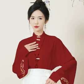 配马面裙的衬衣长袖汉服红色新中式上衣国风立领对襟琵琶袖衬衫女