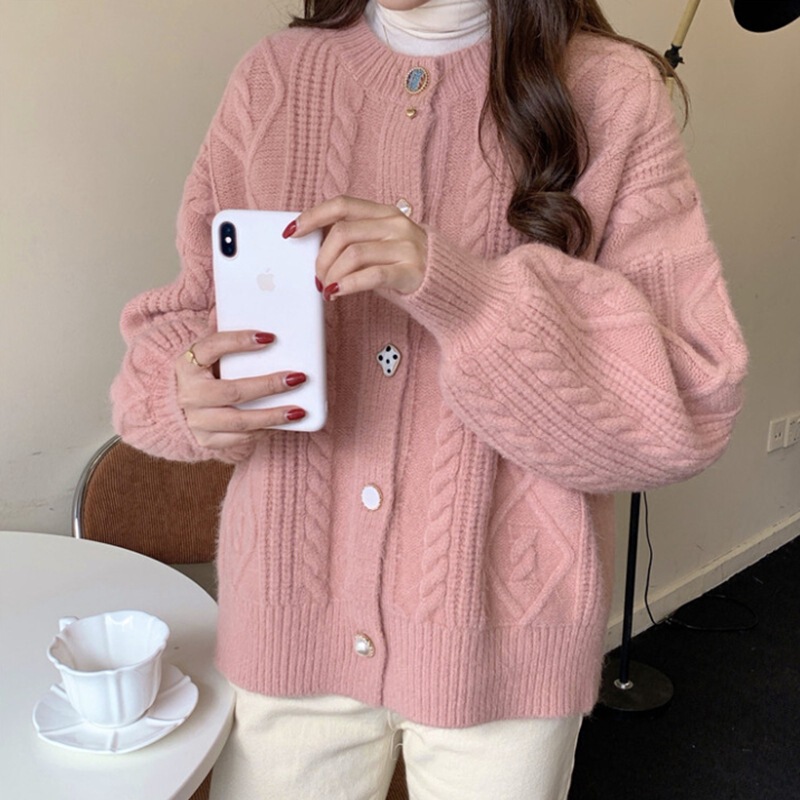 21 Loose Lazy Wind Thickened Twist Pattern Peach Pink Knitted Cardigan Outer Wear Soft Milk Blue Sweater Coat Women