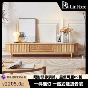 Retro rattan TV cabinet white wax wood household small apartment Japanese style living room solid wood shutter door visual cabinet