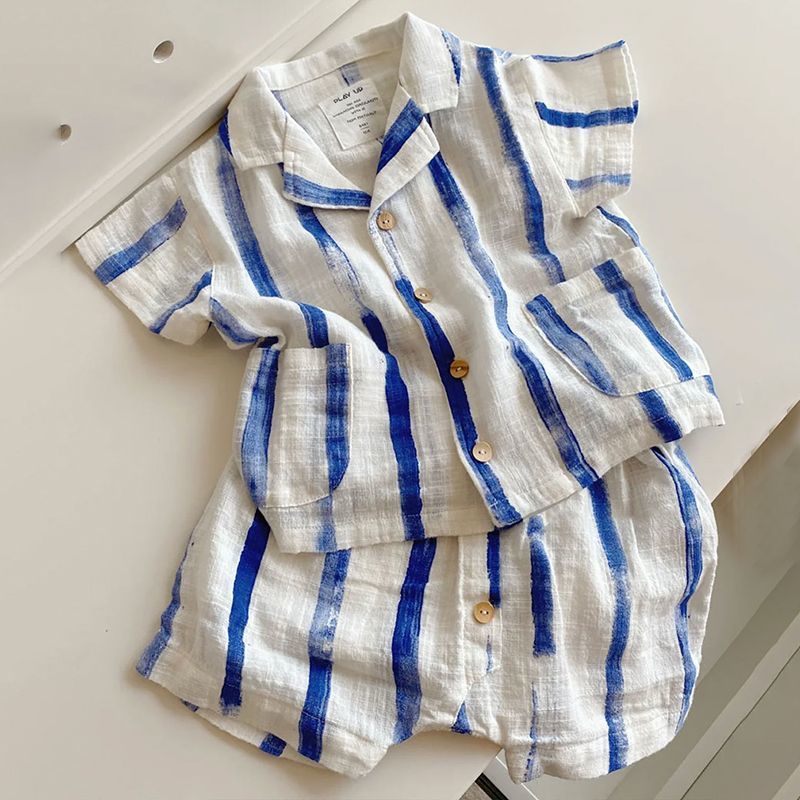 New Boys' Summer Outfit, Children's New Thin Casual Short-Sleeve Shirt, Girls' Color-Block Striped Two-Piece Set