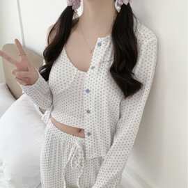 韩国ins女三件套家居服韩国秋季新款爱心印花针织带胸垫套装睡衣