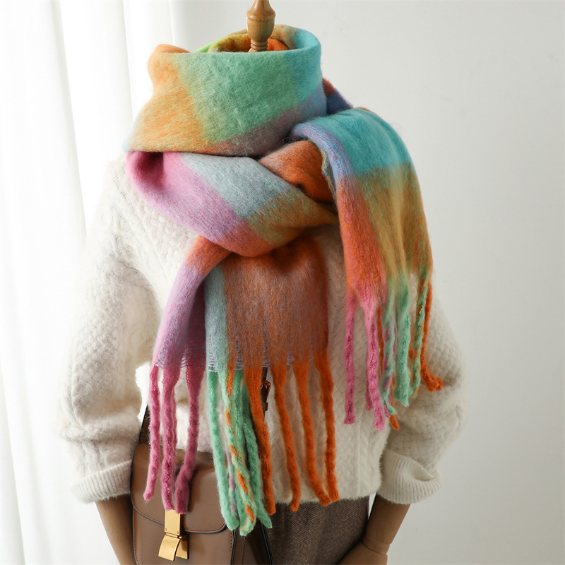 Sciarpa da donna alla moda invernale imitazione cashmere filato ad anello addensato calore scialle arcobaleno pannello scozzese nappe_voghion.com