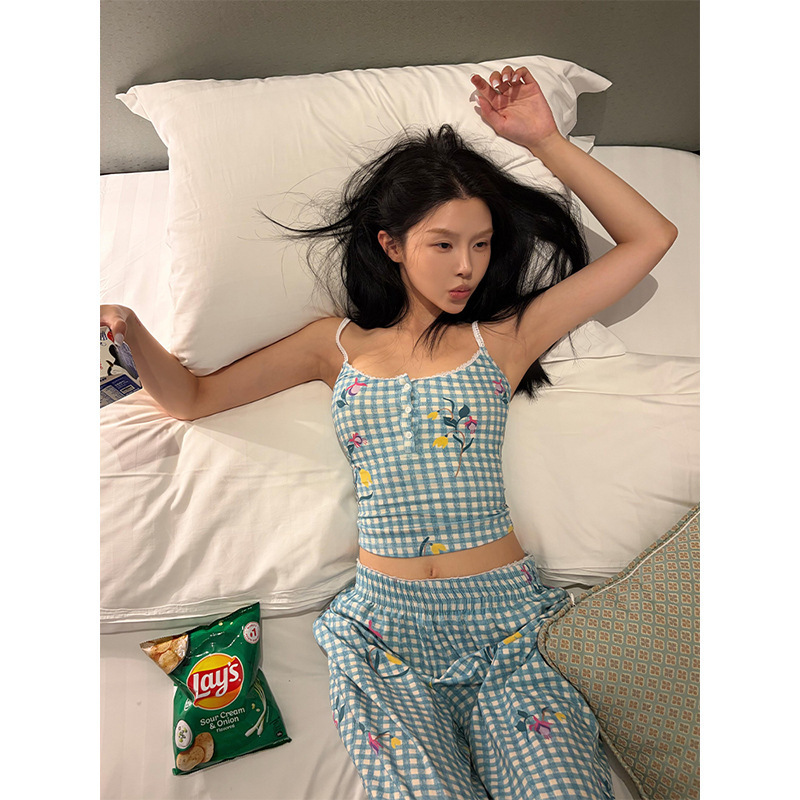 Korean-Style Fresh Blue Plaid Floral Suspender Pajamas for Women, New Summer Slim-Fit Vest and Long Pants Loungewear Two-Piece Set Korean-Style Fresh Blue Plaid Floral Suspender Pajamas for Women, New Summer Slim-Fit Vest and Long Pants Loungewear Two-Piece Set