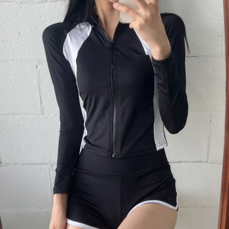 Source factory cross-border new conservative sports zipper long sleeve sunscreen boxer black and white surfing hot spring swimsuit women