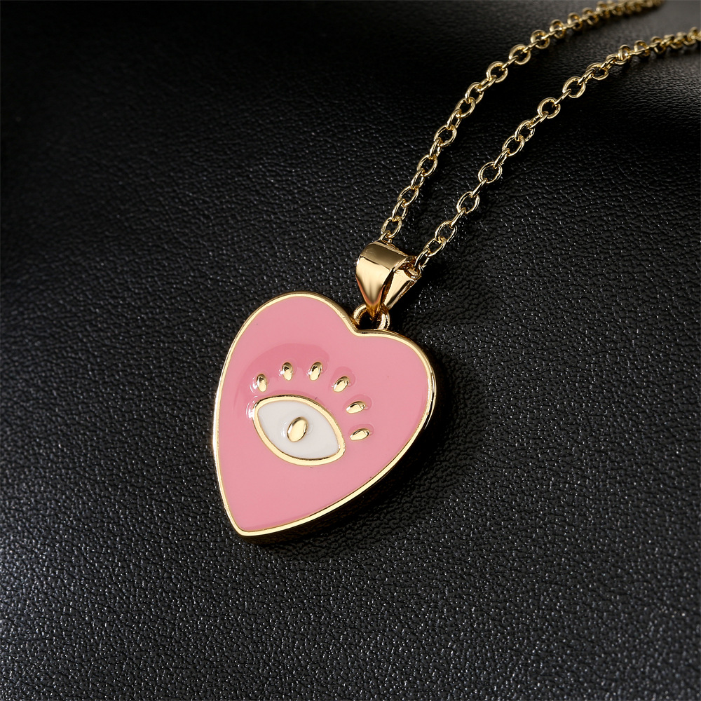 Fashion Cute Copper Plated 18k Gold Color Dripping Oil Eyes Heart-shaped Pendant Necklace display picture 1