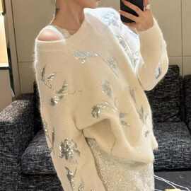 春秋新款韩版重工花卉亮片套头软糯针织衫女慵懒风气质长袖上衣