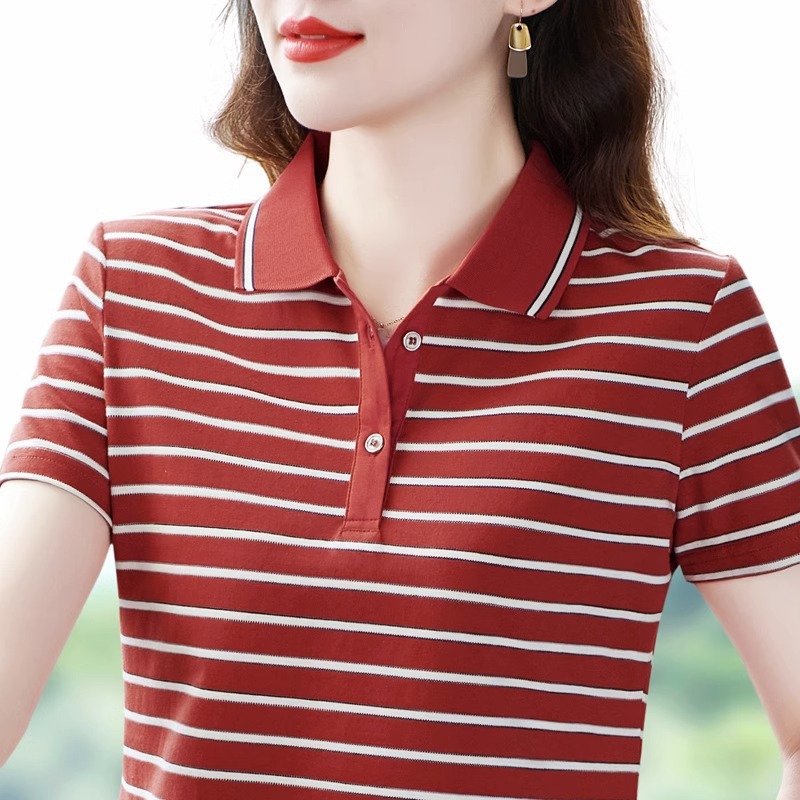 [95% Cotton, 5% Spandex] New Summer Women's Striped Polo Short-Sleeve Dress, Suitable for Middle-Aged Mothers, High-End Summer Wear