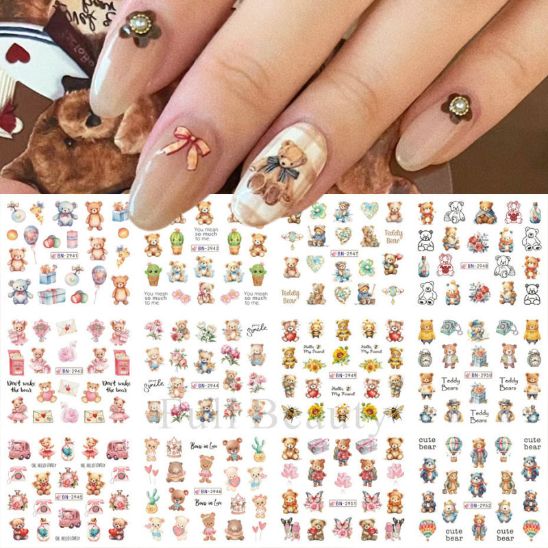 国境を越えた新しいネイルアート透かしシールバレンタインデーinsかわいいアニメ熊オウム爪シールnail|undefined