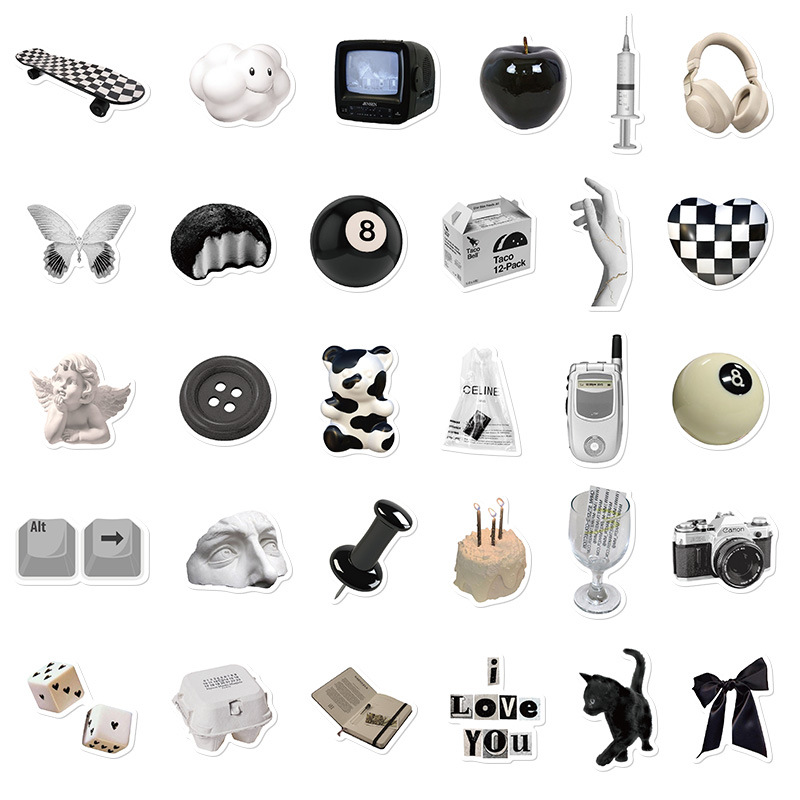 61 blanco y negro simple estilo pegatinas portátil taza de agua mano libro teléfono caso decorativo impermeable DIY pegatinas