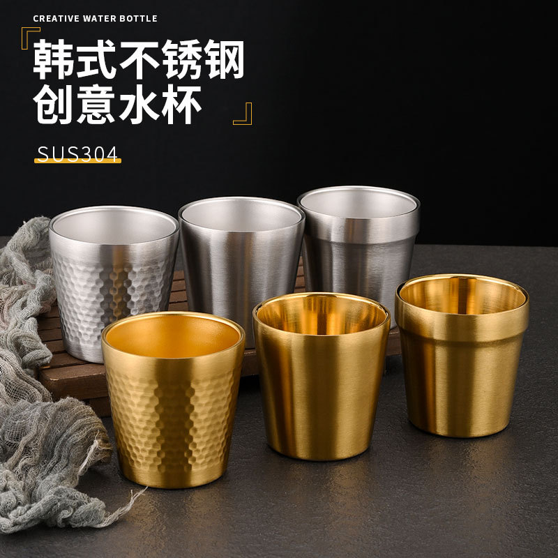 Coreano 304 de acero inoxidable de doble capa de oro taza de agua barbacoa restaurante cerveza taza de té bebida taza logotipo personalizado