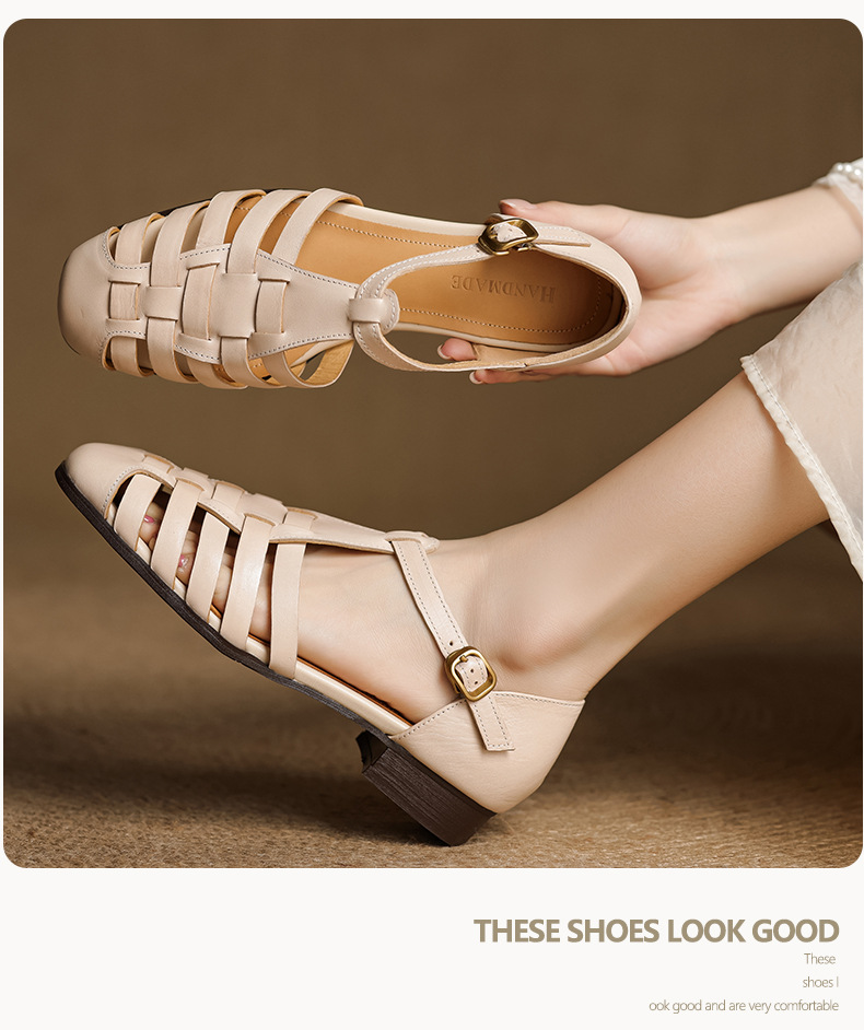 Sandal nữ da bò dệt rỗng quai chữ T phong cách Anh, mũi tròn đế bệt La Mã — màu nâu chi tiết 7