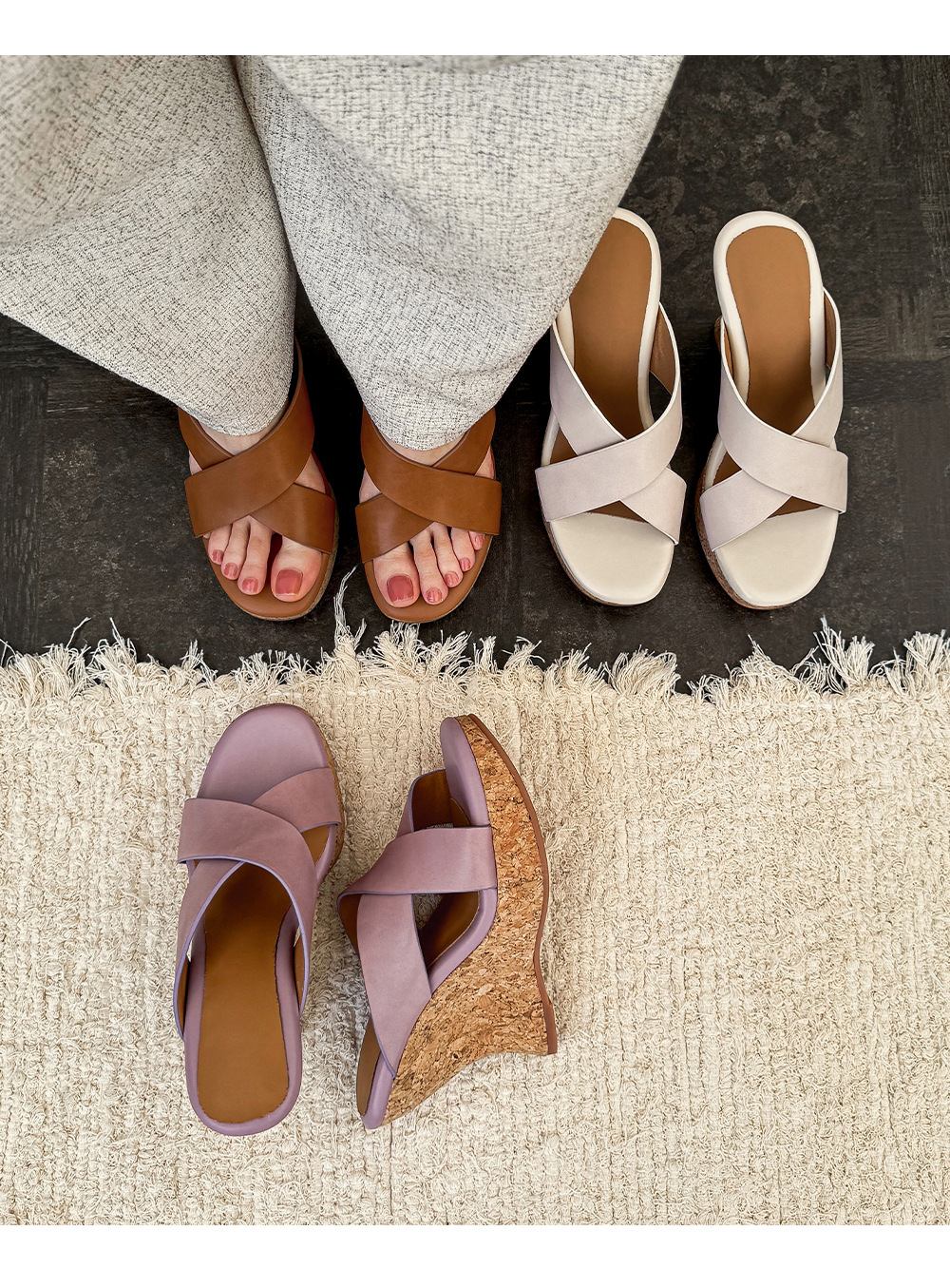 Sandal cao gót nữ quai chéo hở mũi đế xuồng tăng chiều cao — màu nâu, Hồng tím, màu trắng ngà chi tiết 12