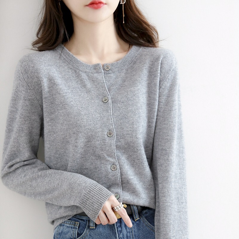 Clearance 100 Solid Color Wool Cardigan Women's Round Neck Cashmere Sweater Knitted Base Shirt Jacket Navy Blue