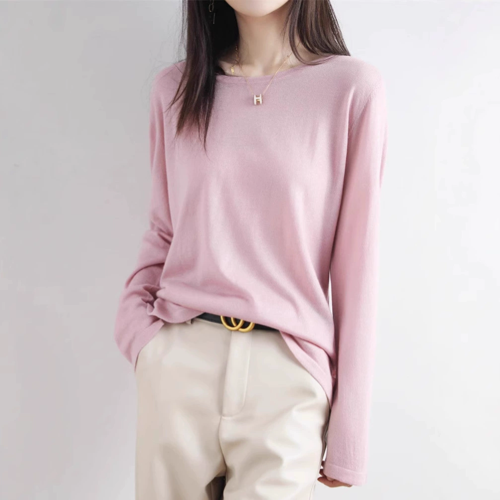 Ленивый ветер розовый камвольный свитер женский круглый воротник тонкий пуловер свободный топ с длинными рукавами