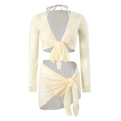 2024 New Long-Sleeve Women's Swimwear Set of 4 High-End Elegant Sensual Pure Desire Vacation Split Bikini Hot Spring