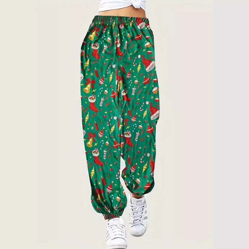 Christmas element pattern cute age-reducing western style 2024 autumn and winter plus size sports pants women's new trousers ML1