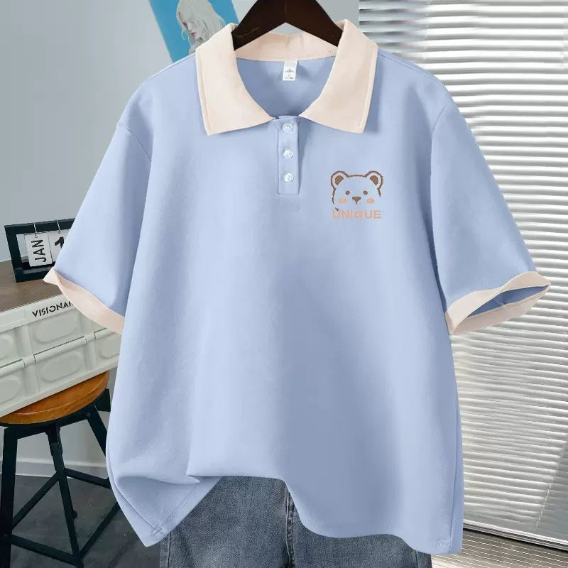Girls' T-shirts 2024 Summer New Arrival, Korean Style, Fashionable Loose Fit, College Style, Bear Polo Collar Tops, Trendy