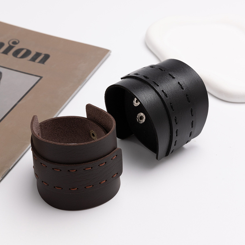 Cross-Border Punk Ins Style Wide Leather Handmade Stitched Snap Bracelet Men's Bracelet Versatile Personality Retro Style
