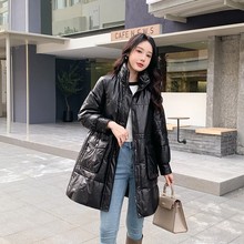 海宁冬新款黑金油蜡小牛皮白鹅绒中长款宽松加厚外套真皮羽绒服女